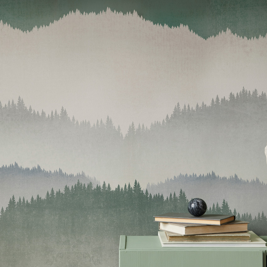 Tapet Landscape Greige, design minimalist cu motive de copaci si munti intr-o paleta de culori gri-bej.