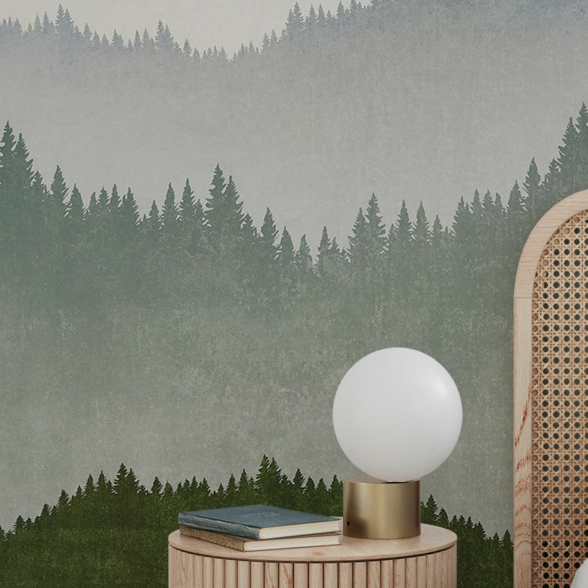 Tapet Landscape Greige, design minimalist cu motive de copaci si munti intr-o paleta de culori gri-bej.