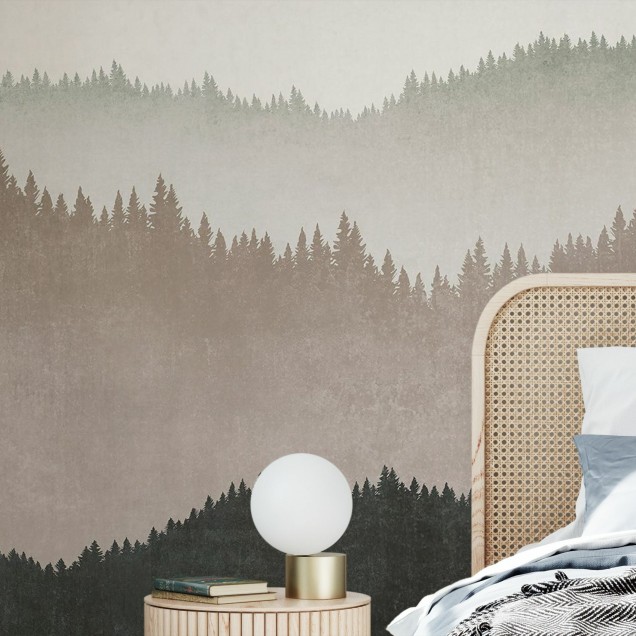Tapet Landscape Greige, design minimalist cu motive de copaci si munti intr-o paleta de culori gri-bej.