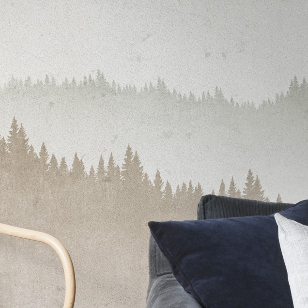 Tapet Landscape Greige, design minimalist cu motive de copaci si munti intr-o paleta de culori gri-bej.