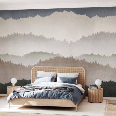 Tapet Landscape Greige, design minimalist cu motive de copaci si munti intr-o paleta de culori gri-bej.