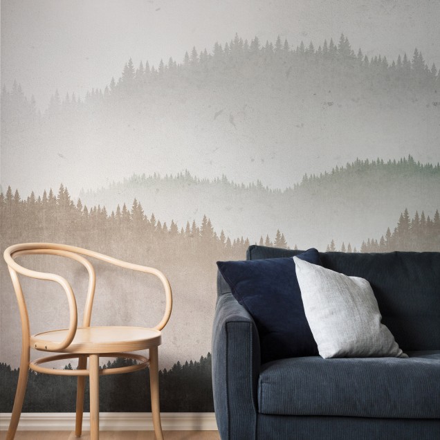 Tapet Landscape Greige, design minimalist cu motive de copaci si munti intr-o paleta de culori gri-bej.