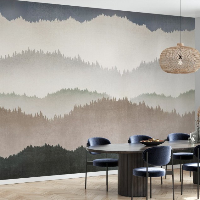Tapet Landscape Greige, design minimalist cu motive de copaci si munti intr-o paleta de culori gri-bej.