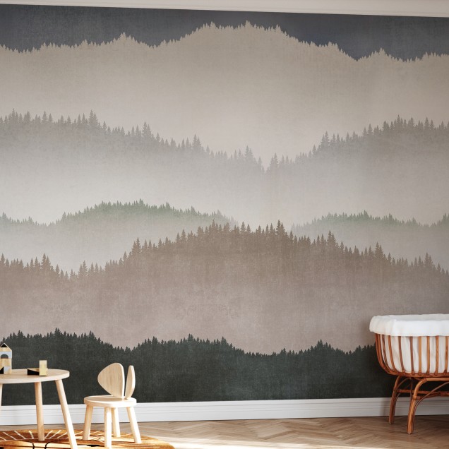 Tapet Landscape Greige, design minimalist cu motive de copaci si munti intr-o paleta de culori gri-bej.