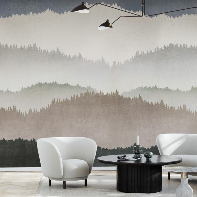 Tapet Landscape Greige, design minimalist cu motive de copaci si munti intr-o paleta de culori gri-bej.