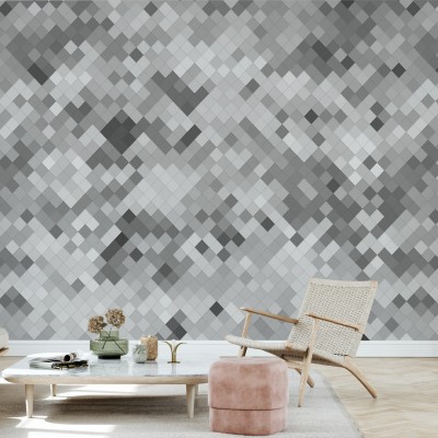 Tapet modern cu design geometric Tile Grey, în culori neutre, perfect pentru living