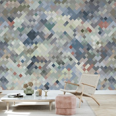Tapet cu model geometric de diamant în culori delicate de albastru, verde și roz.