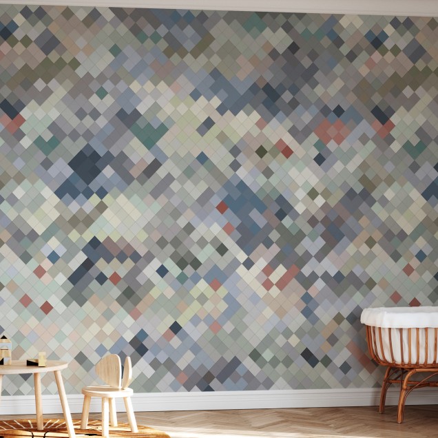 Tapet cu model geometric de diamant în culori delicate de albastru, verde și roz.