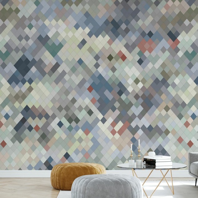 Tapet cu model geometric de diamant în culori delicate de albastru, verde și roz.