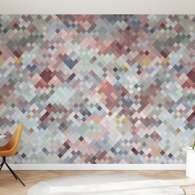 Un tapet geometric modern cu nuanțe delicate de roz, gri, albastru și verde.