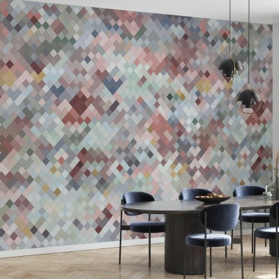 Un tapet geometric modern cu nuanțe delicate de roz, gri, albastru și verde.