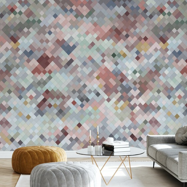 Un tapet geometric modern cu nuanțe delicate de roz, gri, albastru și verde.