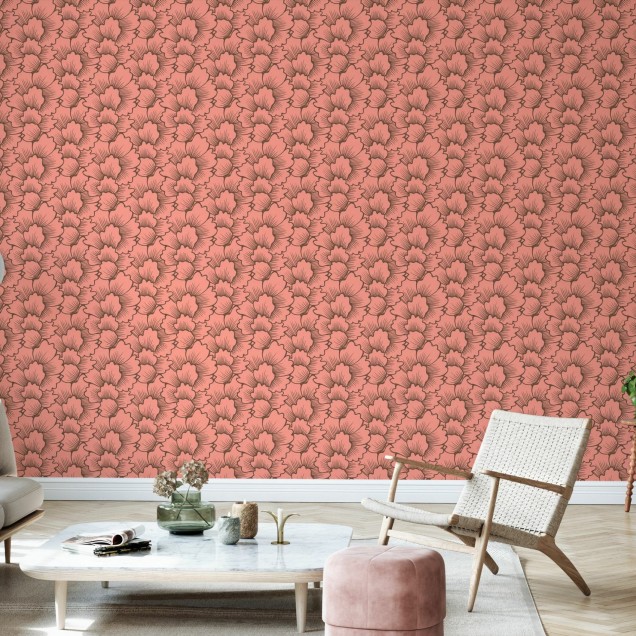 Tapet floral coral deschis pe fundal roz