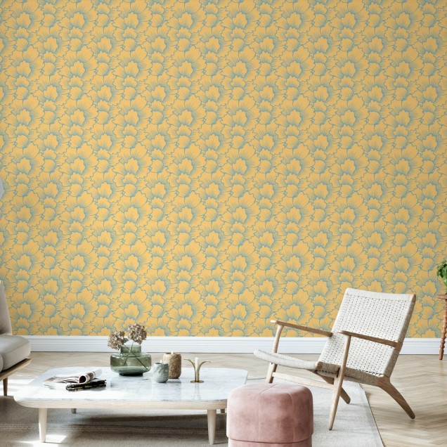 Tapet floral modern Mostly Coral Blue on Yellow
