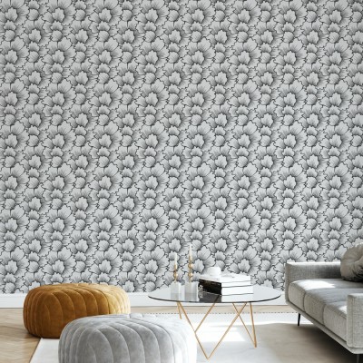 Tapet cu model floral geometric în negru pe gri deschis