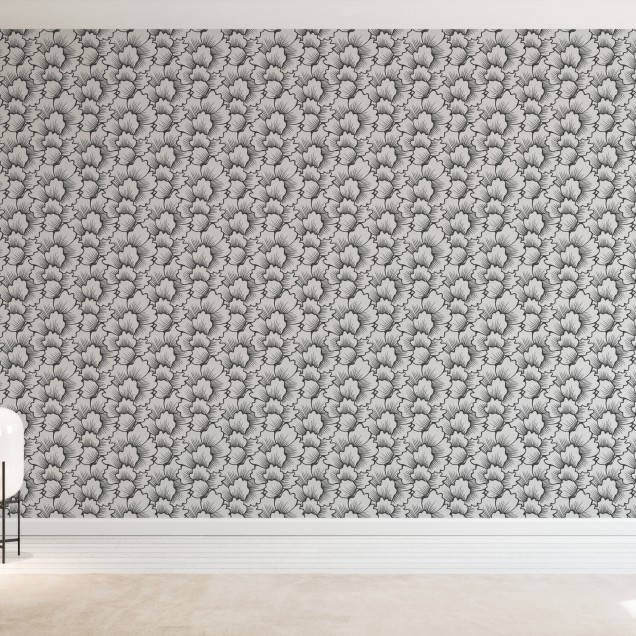 Tapet cu model floral geometric în negru pe gri deschis