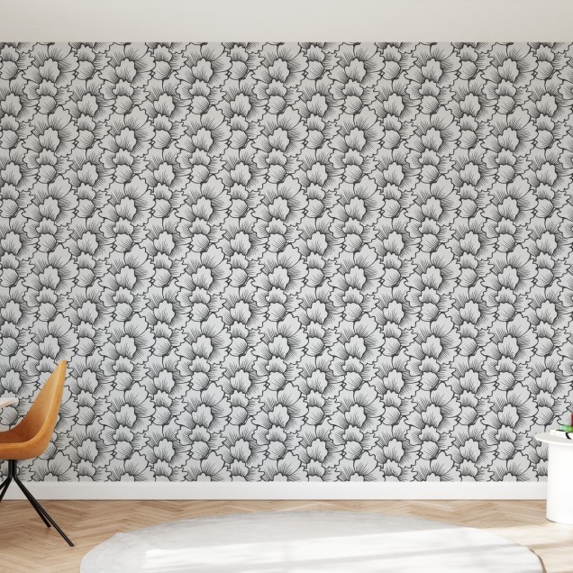 Tapet cu model floral geometric în negru pe gri deschis