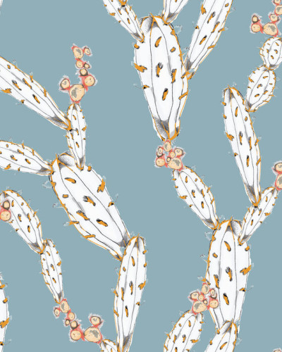 Wallpaper cu cactusi albi pe fond albastru