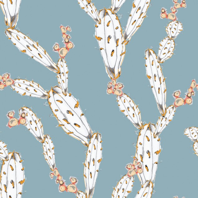 Wallpaper cu cactusi albi pe fond albastru
