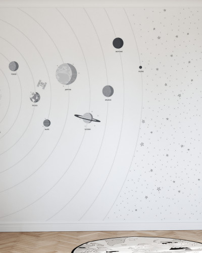 Fototapet cu planete și stele în camera unui copil