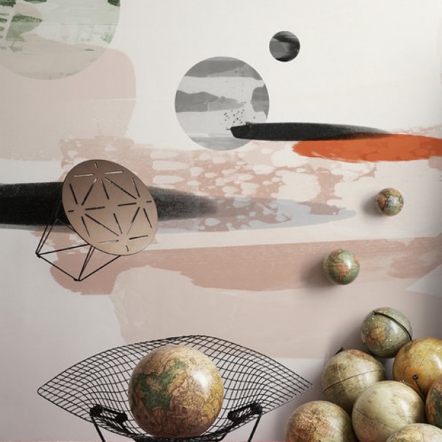 Tapet abstract Cosmic Abstraction cu nuante de roz, gri si negru.