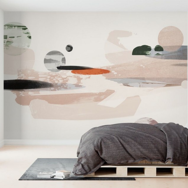 Tapet abstract Cosmic Abstraction cu nuante de roz, gri si negru.