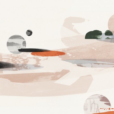 Tapet abstract Cosmic Abstraction cu nuante de roz, gri si negru.