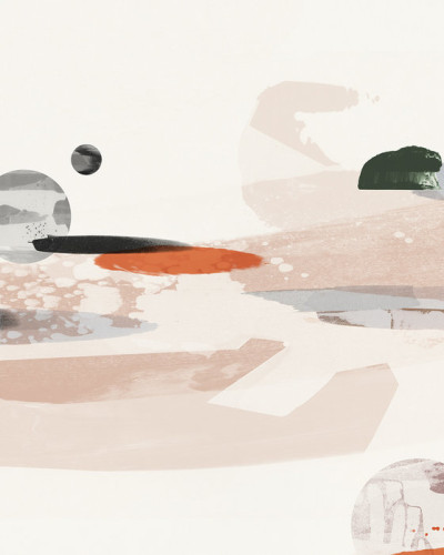 Tapet abstract Cosmic Abstraction cu nuante de roz, gri si negru.
