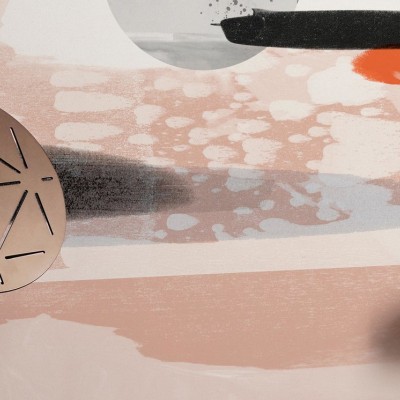Tapet abstract Cosmic Abstraction cu nuante de roz, gri si negru.