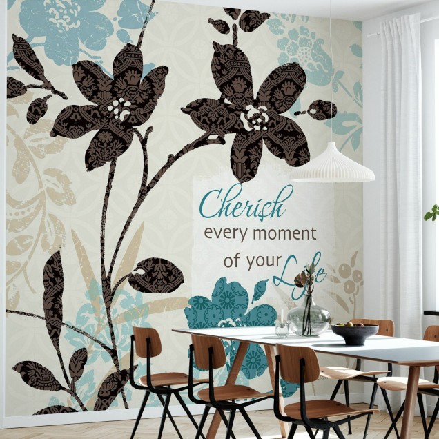 Wallpaper floral cu flori elegante și mesajul motivational "Cherish every moment of your life".