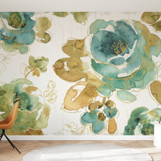 Tapet cu flori de trandafiri acuarele, design modern, culori verde și aurii