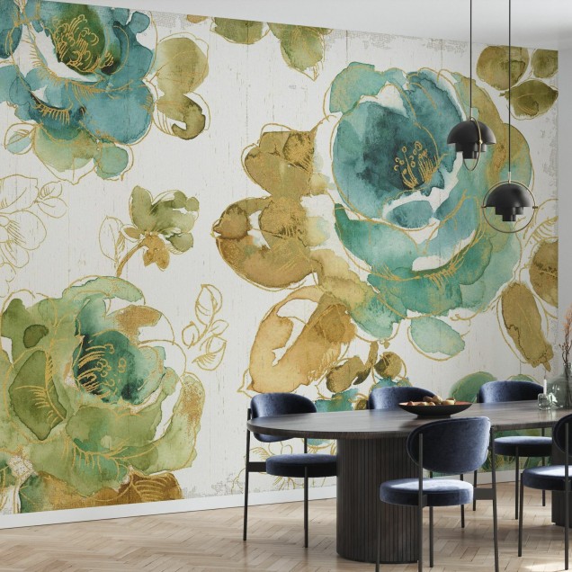 Tapet cu flori de trandafiri acuarele, design modern, culori verde și aurii