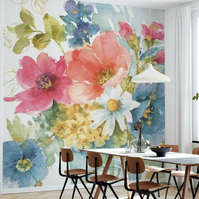 Tapet floral acuarela cu flori roz, albastre si galbene, perfect pentru living sau dormitor