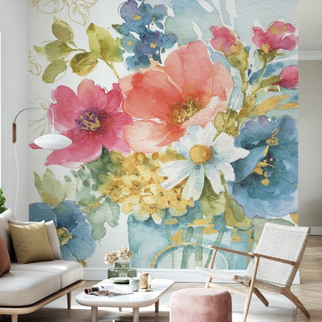Tapet floral acuarela cu flori roz, albastre si galbene, perfect pentru living sau dormitor
