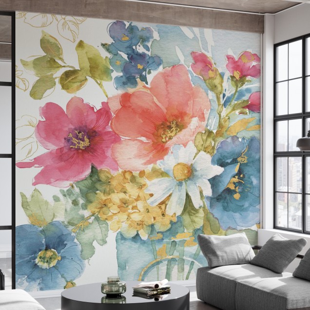 Tapet floral acuarela cu flori roz, albastre si galbene, perfect pentru living sau dormitor