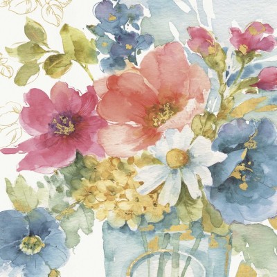 Tapet floral acuarela cu flori roz, albastre si galbene, perfect pentru living sau dormitor