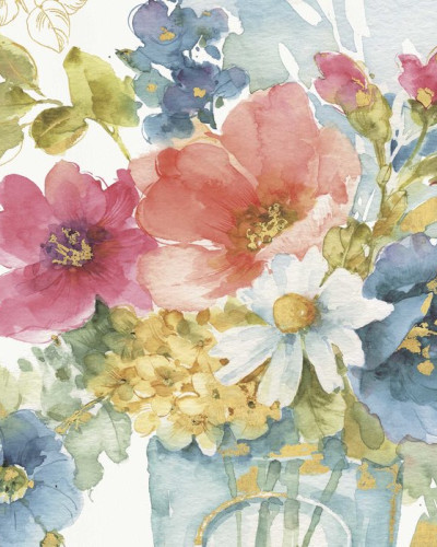 Tapet floral acuarela cu flori roz, albastre si galbene, perfect pentru living sau dormitor