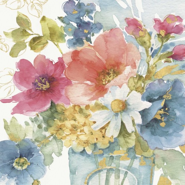 Tapet floral acuarela cu flori roz, albastre si galbene, perfect pentru living sau dormitor