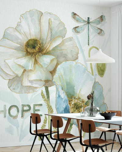 Wallpaper cu flori de seră delicate în nuanțe de albastru și verde cu detalii aurii, cu mesajul inspirațional 