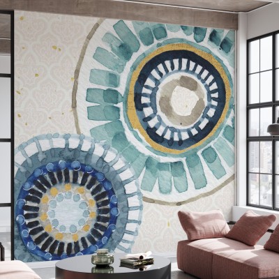 Tapet Indigold Pattern cu design modern, accente de aur și culori de apă, ideal pentru un spațiu minimalist.
