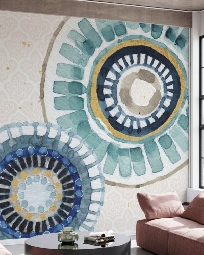 Tapet Indigold Pattern cu design modern, accente de aur și culori de apă, ideal pentru un spațiu minimalist.