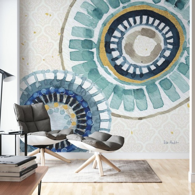 Tapet Indigold Pattern cu design modern, accente de aur și culori de apă, ideal pentru un spațiu minimalist.