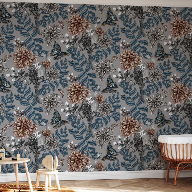 Tapet cu model floral delicat, fluturi grațioși și pereche de păsărele drăguțe