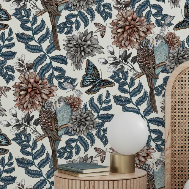 Lovebirds White Wallpaper - tapet cu pasari si flori