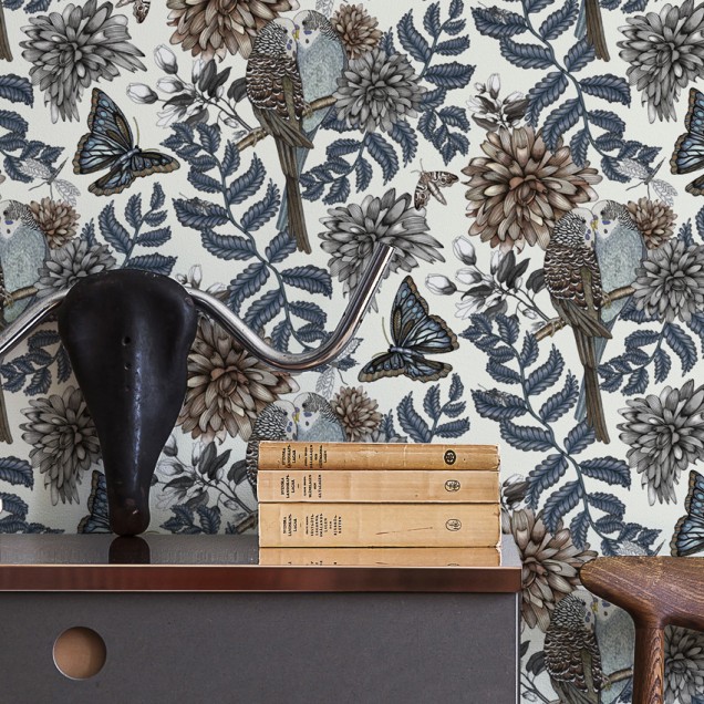 Lovebirds White Wallpaper - tapet cu pasari si flori