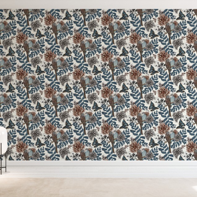 Lovebirds White Wallpaper - tapet cu pasari si flori