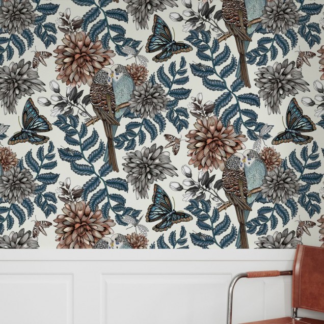 Lovebirds White Wallpaper - tapet cu pasari si flori