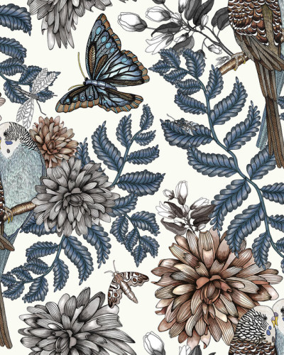 Lovebirds White Wallpaper - tapet cu pasari si flori