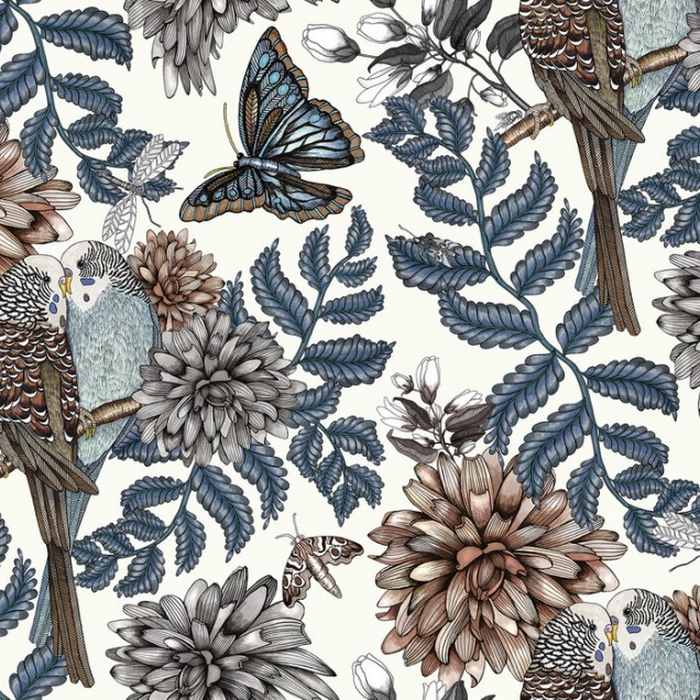 Lovebirds White Wallpaper - tapet cu pasari si flori
