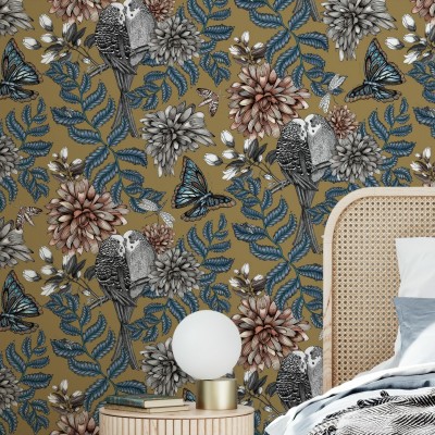Lovebirds Gold tapet cu model floral și păsări
